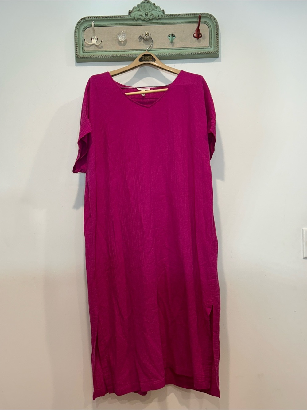 Eileen Fisher Organic Cotton V-Neck short sleeve Maxi Dress Fuchsia women’s 1x